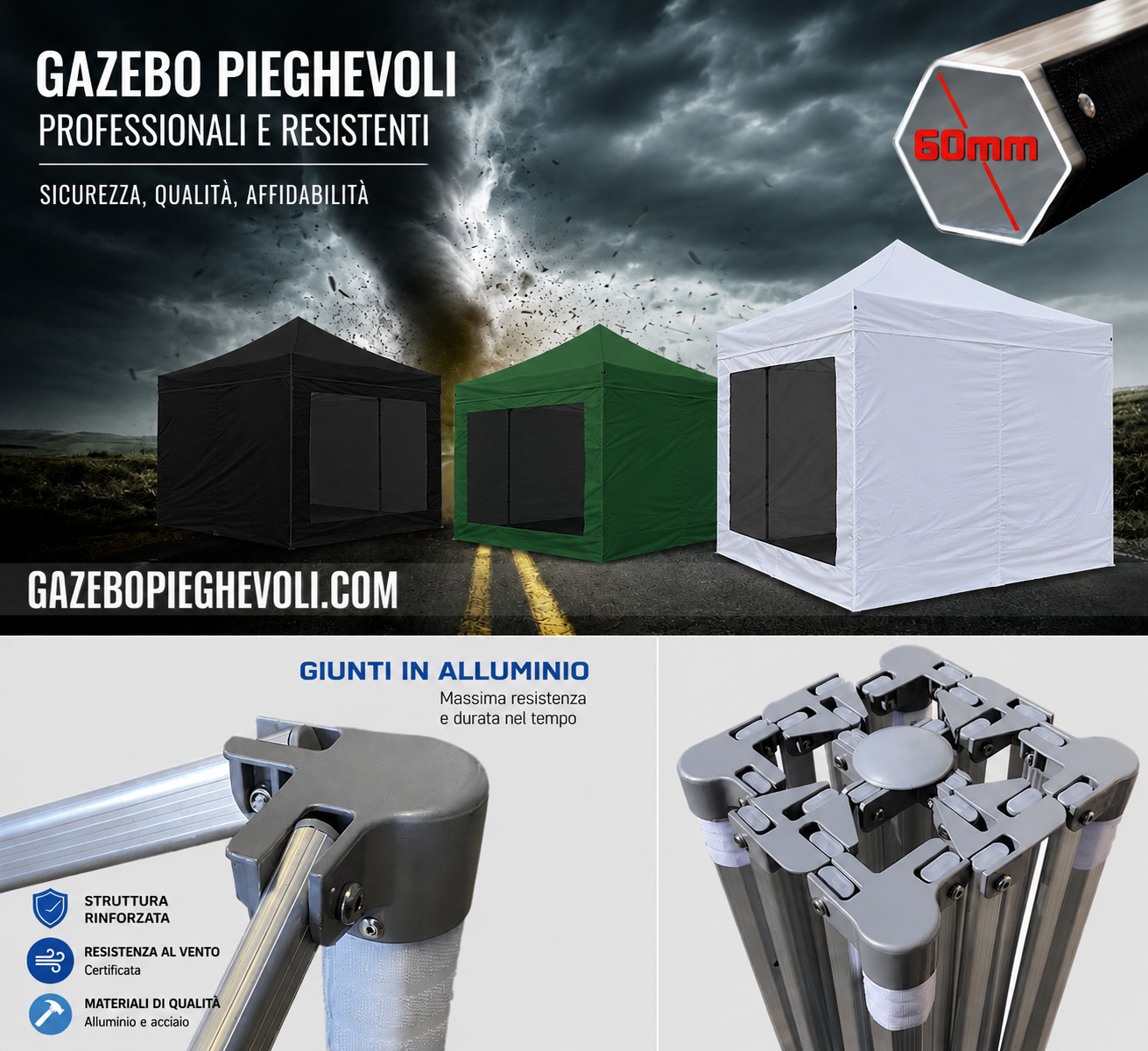 gazebo pieghevole alluminio portatile retrattile eventi feste stand chiosco mercato mercatini tensolux